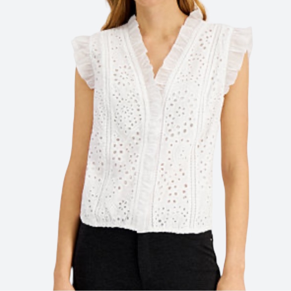 INC INTERNATIONAL CONCEPTS COTTON EYELET- EMBROIDERED SLEEVELESS TOP